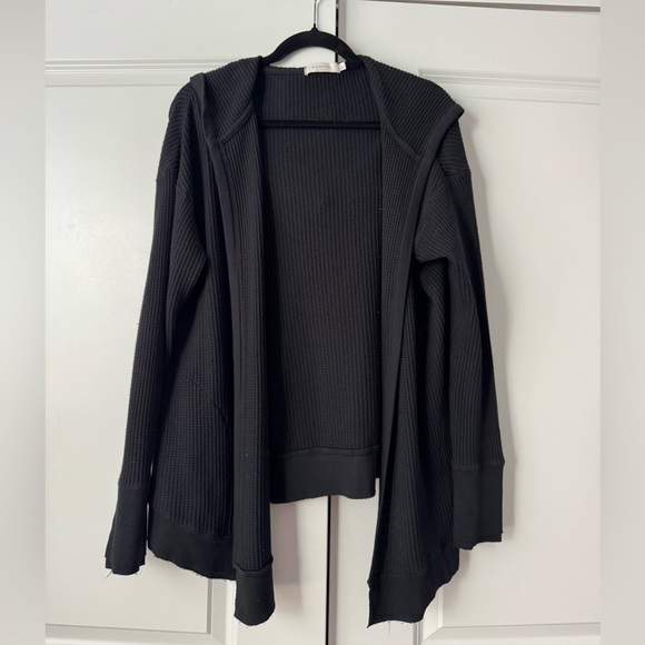 Mododoc Black Open Front Waffle Weave Hooded Cardigan Swearer Sz Large - Picture 1 of 7
